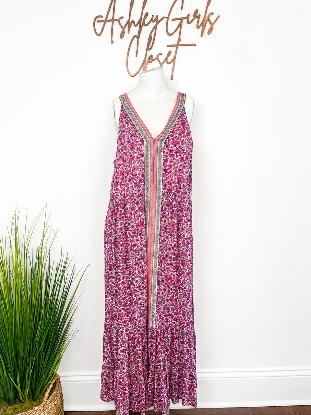 J. Jill Floral Maxi Dress Pink Paisley Boho V-Neck Petite Small